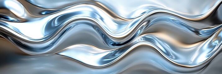 Fototapeta premium Undulating 3D forms resembling shimmering metallic waves with reflective, fluid surfaces
