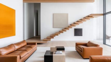 Modern Living Room with Leather Sofas and Floating Staircase