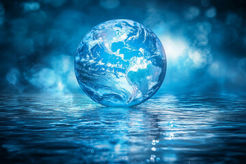Obraz premium Glowing planet earth in the center on magical blue water background, ecology concept