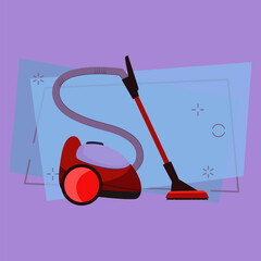 Vacuum cleaner cartoon illustration. Red device with hose and mop. Home appliance concept. Vector illustration can be used for topics like housekeeping, cleanup, carpet