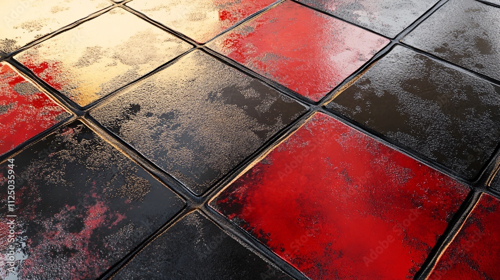 Aufkleber Red and black checkered floor tiles creating visually striking pattern