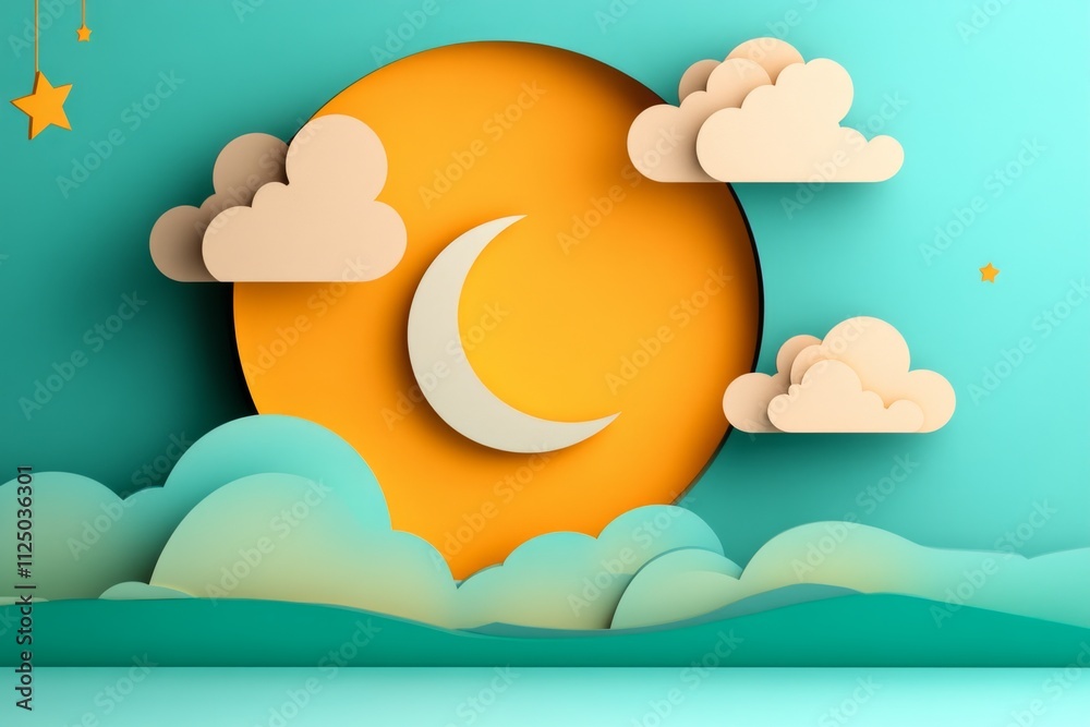 Poster a minimalist flat design of a crescent moon and stars, surrounded by soft pastel clouds symbolizing 