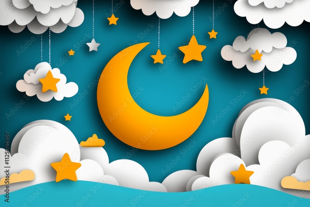 Poster a minimalist flat design of a crescent moon and stars, surrounded by soft pastel clouds symbolizing 