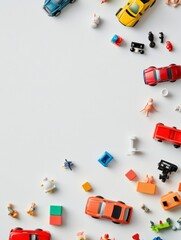 Various children's toys such as cars, blocks, and dolls are artistically organized on a white surface, leaving ample space for creative text. Generative AI