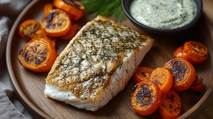 Barramundi is beautifully presented on a wooden platter, accompanied by perfectly roasted orange slices and a creamy dill sauce, creating a vibrant and appetizing meal.