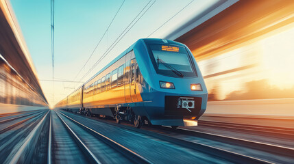 Naklejka premium modern high speed train gliding through scenic landscape