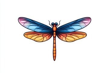 A minimalist flat design of a dragonfly in flight, illustrated with clean lines and pastel gradients, set against a white background