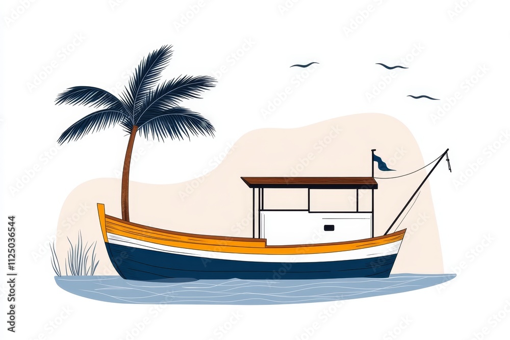 Poster a minimalist icon of a dhow boat on the water, drawn with clean lines and a subtle beige and blue pa