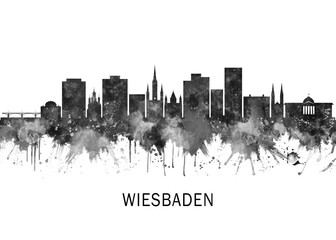 Obraz premium Wiesbaden Germany Skyline BW, cityscape landscape watercolor abstract painting splash travel art illustration graphic design urban art modern downtown