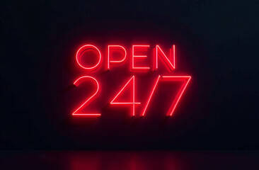Bright sign with the inscription "open 24/7" on a dark minimalist background, graphic resource, use in design