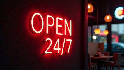 Bright sign with the inscription "open 24/7" on a dark minimalist background, graphic resource, use in design