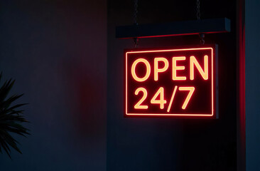 Bright sign with the inscription "open 24/7" on a dark minimalist background, graphic resource, use in design