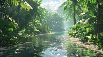 A tranquil river winding through the heart of a dense tropical jungle, with vibrant greenery reflected in its calm waters vector art illustraion generative AI.