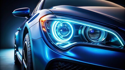 Close-Up Portrait of Modern Electric Car's LED Headlight Switching Off at Night Against a Black Background, Showcasing Advanced Automotive Technology and Design Features