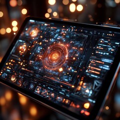 Obraz premium A futuristic tablet displaying a complex, vibrant digital interface with glowing elements.