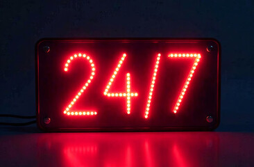 Bright sign with the inscription "open 24/7" on a dark minimalist background, graphic resource, use in design