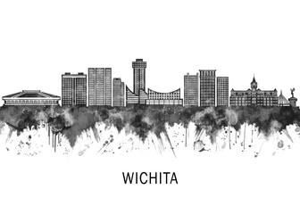 Obraz premium Wichita Kansas Skyline BW, cityscape landscape watercolor abstract painting splash travel art illustration graphic design urban art modern downtown