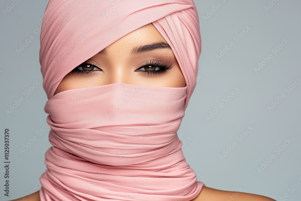 Poster A mysterious image of a woman face covered by soft tissue, blending abstract expression with subtle lighting and a clean, simple background