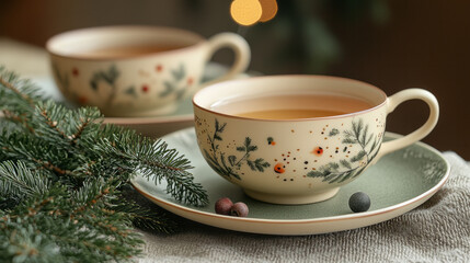 A minimalist depiction of a New Yearâ€™s tea set with delicate holiday patterns, styled on a bright neutral-toned table with a sprig of evergreen,