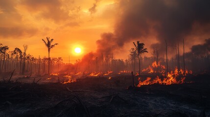 Fiery Sunset Over a Burning Tropical Forest Landscape