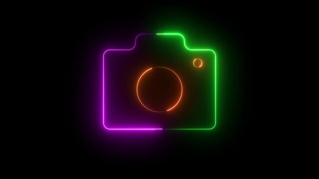 glowing neon symbol of photo camera animation icon animation with black background.