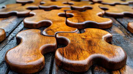 Wooden puzzle pieces arranged on dark wooden surface, showcasing minimalistic design perfect for text overlay or product display