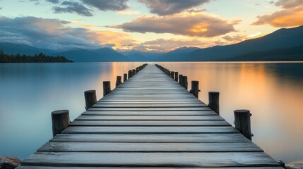 Serene Wooden Pier Over Calm Lake at Sunset with Mountains in the Distance