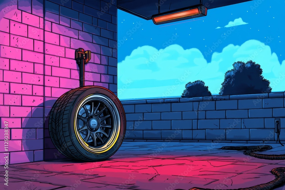Poster a pixel art depiction of an air compressor connected to a tire, with animated puffs of air and vibra