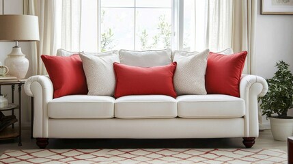 A white living room with a bright red accent pillow on a sofa.