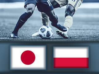 Japan and Poland flag on scoreboard,against football players during a match on soccer field.