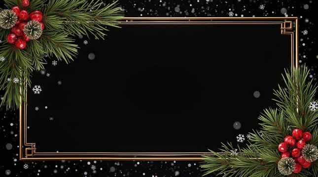 Christmas decoration, black background, golden frame, holiday design.