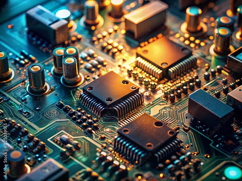 Poster closeup view of a circuit board highlighting intricate components in low light, showcasing the beaut