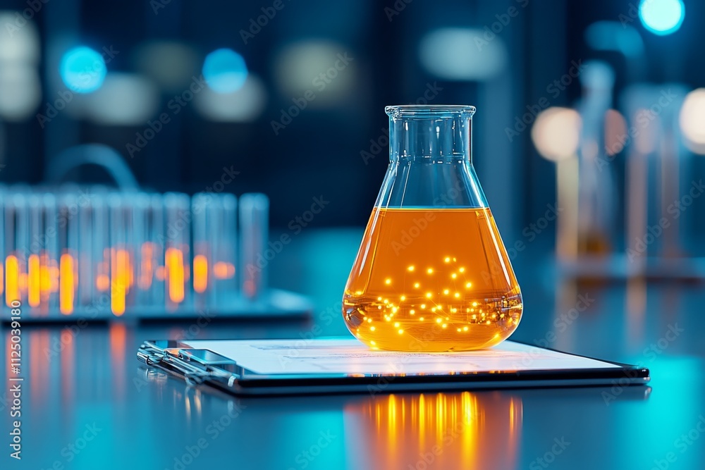 Aufkleber A scientist research document displayed on a table, surrounded by lab tools and a glowing tablet showing data charts