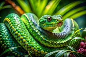Fototapeta premium Close-Up View of a Lush Green Snake in Its Natural Habitat, Capturing the Intricate Details of Scales and Surrounding Vegetation, Perfect for Wildlife and Nature Enthusiasts