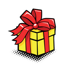 Yellow gift box with red ribbon. Vector icon on transparent background
