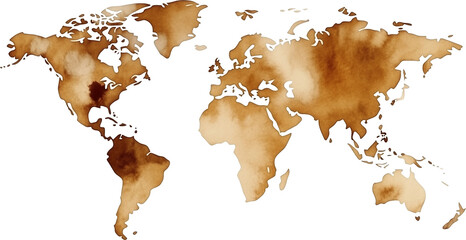 Colorful coffee stain paint world map on transparent background.