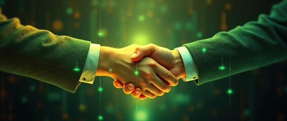 handshake, technology partnership, abstract connection, yellow and green tones, futuristic design, virtual collaboration scene