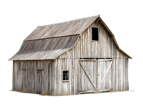 old rustic wooden barn isolated on white background, weathered wood barn cutout png