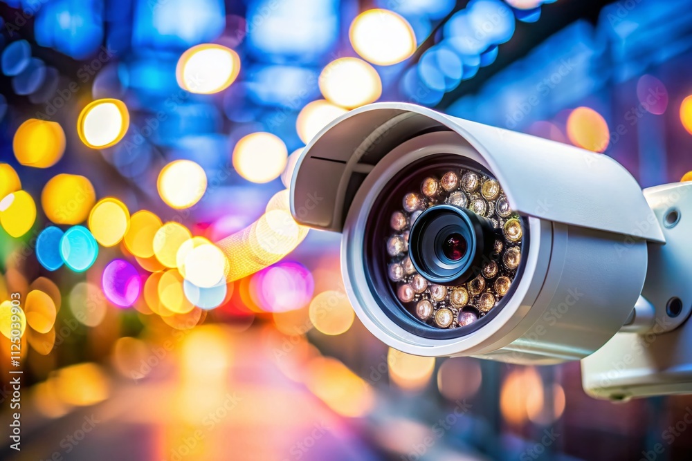 Poster close-up view of a white cctv security camera with blinking led light for enhanced surveillance and 