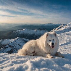 A fluffy Samoyed lying on a snowy mountain peak.