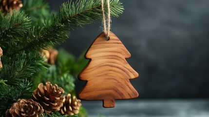 Wooden christmas tree ornament hanging on greenery in a festive setting