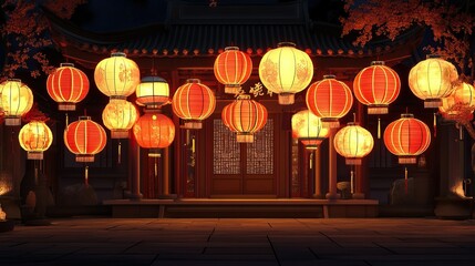 Glowing red lanterns adorning traditional chinese temple at night for chinese new year celebrations.
