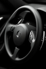 Sleek Black Steering Wheel with Control Buttons Modern Car Interior Design