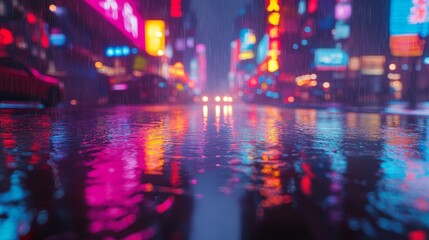 Fototapeta premium Neon City Reflections In Rainy Night Street