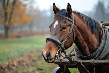 Obraz premium Horse pulling a traditional wooden cart on a farm