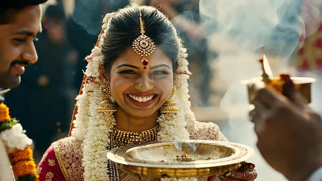 Joyful bride at traditional Indian wedding ceremony