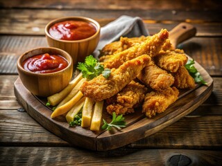 Fototapeta premium Crispy Fried Chicken Tenders, Fries, and Ketchup on Rustic Wooden Tray - Delicious Fast Food Meal