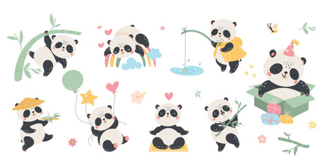 Cartoon panda characters. Panda various poses and emotions. Funny asian animal meditation sleeping on rainbow hang on bamboo fishing, nowaday vector clipart
