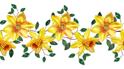 Yellow daffodils with green spring branches, seamless watercolor border. All objects are hand painted with watercolor. Suitable for printing on fabric, home textiles, for cards and wedding invitations