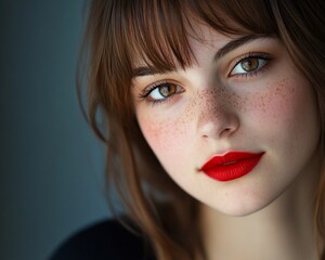 Close-up portrait of a young woman with freckles and red lipstick.